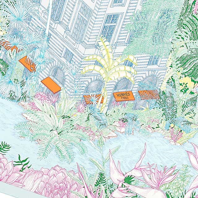 2021SS HERMES scarf Carre 90 Faubourg Tropical Blue/Jaune/Vert Silk100%[EXCELLENT][Authentic]