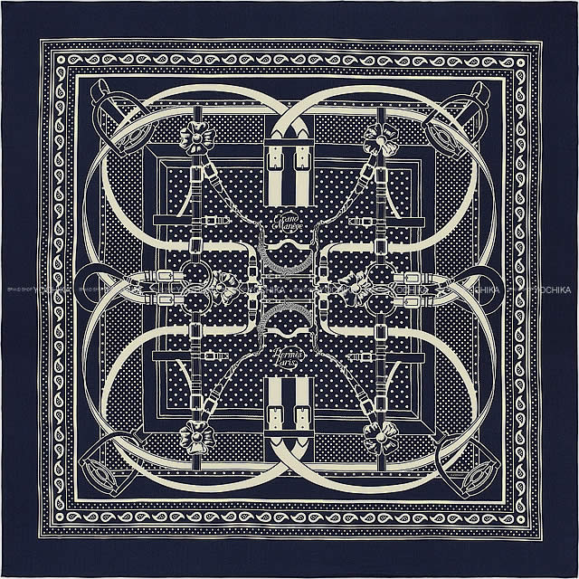 HERMES scarf Carre 140 Grand Manege Bandana Marine/Blanc (White) Cashmere70% / Silk30%[EXCELLENT][Authentic]