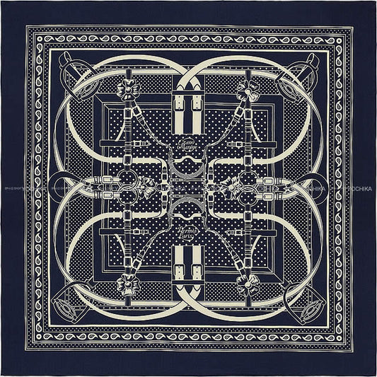HERMES scarf Carre 140 Grand Manege Bandana Marine/Blanc (White) Cashmere70% / Silk30%[EXCELLENT][Authentic]