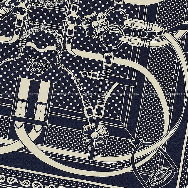 HERMES scarf Carre 140 Grand Manege Bandana Marine/Blanc (White) Cashmere70% / Silk30%[EXCELLENT][Authentic]