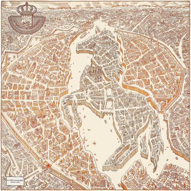 2019AW HERMES scarf Carre 90 La Cite Cavaliere Cream/Camel/Tabac Silk100%[EXCELLENT][Authentic]