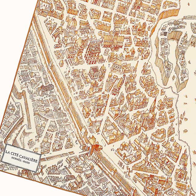 2019AW HERMES scarf Carre 90 La Cite Cavaliere Cream/Camel/Tabac Silk100%[EXCELLENT][Authentic]