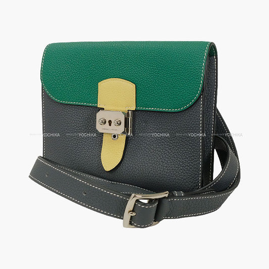 [Pre-loved] HERMES Messenger bag Sac a depeches 21 2 Color Block Gris Misty/Vert Vertigo/Jaune Poussin Veau Togo Silver HW Stamp W[LIKE NEW][Authentic]