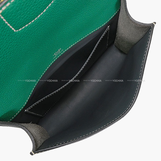 [Pre-loved] HERMES Messenger bag Sac a depeches 21 2 Color Block Gris Misty/Vert Vertigo/Jaune Poussin Veau Togo Silver HW Stamp W[LIKE NEW][Authentic]