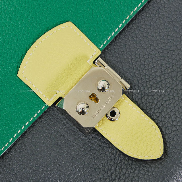 [Pre-loved] HERMES Messenger bag Sac a depeches 21 2 Color Block Gris Misty/Vert Vertigo/Jaune Poussin Veau Togo Silver HW Stamp W[LIKE NEW][Authentic]