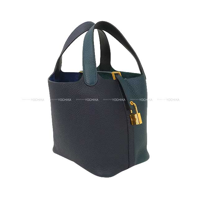 HERMES Handbag Picotin Lock 18 PM Casaque2 Vert Cypress/Bleu Nuit/Noir (Black) Taurillon Clemence Gold HW Stamp Y[ALMOST NEW][Authentic]