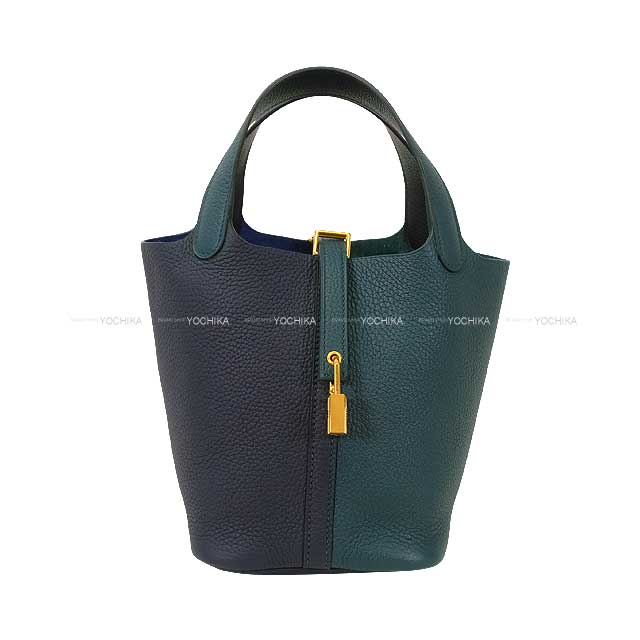 HERMES Handbag Picotin Lock 18 PM Casaque2 Vert Cypress/Bleu Nuit/Noir (Black) Taurillon Clemence Gold HW Stamp Y[ALMOST NEW][Authentic]