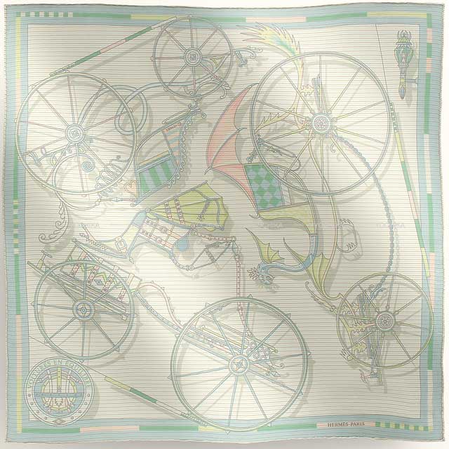 HERMES scarf Carre 45 Gavroche Carre45 Voitures en Equilibre Aqua/Menthol/Pink Silk Mousseline100%[BRAND NEW][Authentic]