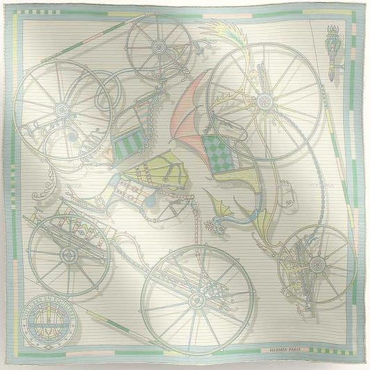 HERMES scarf Carre 45 Gavroche Carre45 Voitures en Equilibre Aqua/Menthol/Pink Silk Mousseline100%[BRAND NEW][Authentic]