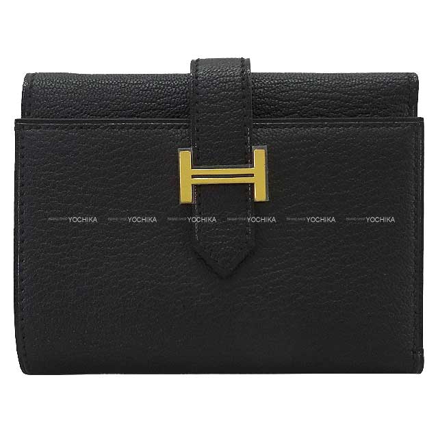 HERMES Tri-fold wallet Bearn Combine Noir (Black) Chevre Mysore Gold HW Stamp B[EXCELLENT][Authentic]