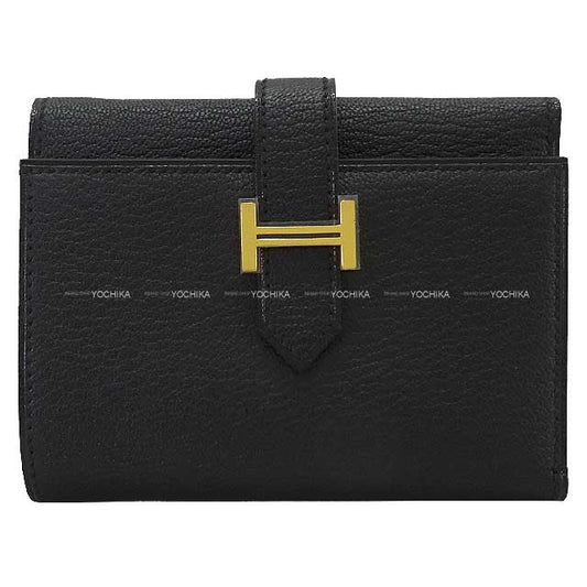 HERMES Tri-fold wallet Bearn Combine Noir (Black) Chevre Mysore Gold HW Stamp B[EXCELLENT][Authentic]