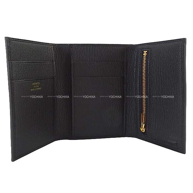HERMES Tri-fold wallet Bearn Combine Noir (Black) Chevre Mysore Gold HW Stamp B[EXCELLENT][Authentic]