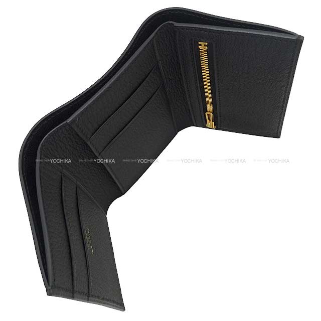 HERMES Tri-fold wallet Bearn Combine Noir (Black) Chevre Mysore Gold HW Stamp B[EXCELLENT][Authentic]