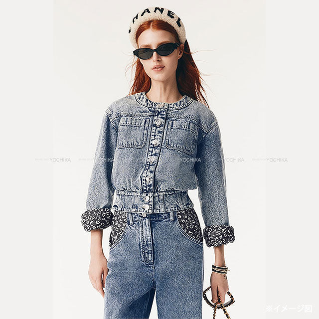 25/26 AW New CHANEL Denim jacket COCO Mark No-Collar Camellia Heart COCO Button Denim Blue Cotton /Washed Denim #34 Silver HW P80310[BRAND NEW][Authentic]