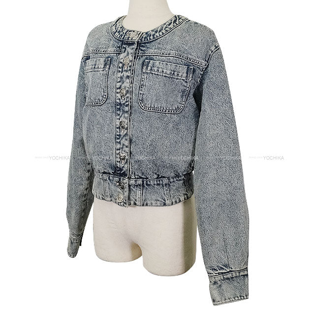 25/26 AW New CHANEL Denim jacket COCO Mark No-Collar Camellia Heart COCO Button Denim Blue Cotton /Washed Denim #34 Silver HW P80310[BRAND NEW][Authentic]