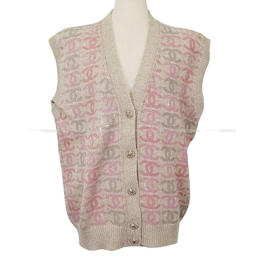 22/23 AW CHANEL Vests Knit COCO Logo Sequin Beige/Pink/Purple Cashmere #38 Champagne Gold HW P73877[EXCELLENT][Authentic]