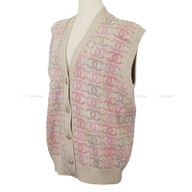 22/23 AW CHANEL Vests Knit COCO Logo Sequin Beige/Pink/Purple Cashmere #38 Champagne Gold HW P73877[EXCELLENT][Authentic]