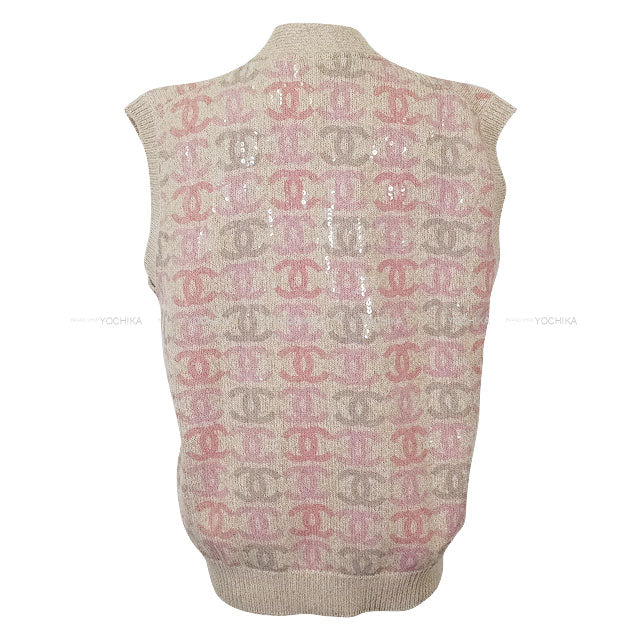 22/23 AW CHANEL Vests Knit COCO Logo Sequin Beige/Pink/Purple Cashmere #38 Champagne Gold HW P73877[EXCELLENT][Authentic]