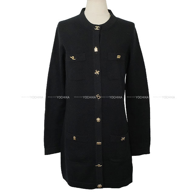 2022 CHANEL Cardigan Long Icon COCO Button Noir (Black) Cashmere #38 Gold HW P73485[EXCELLENT][Authentic]