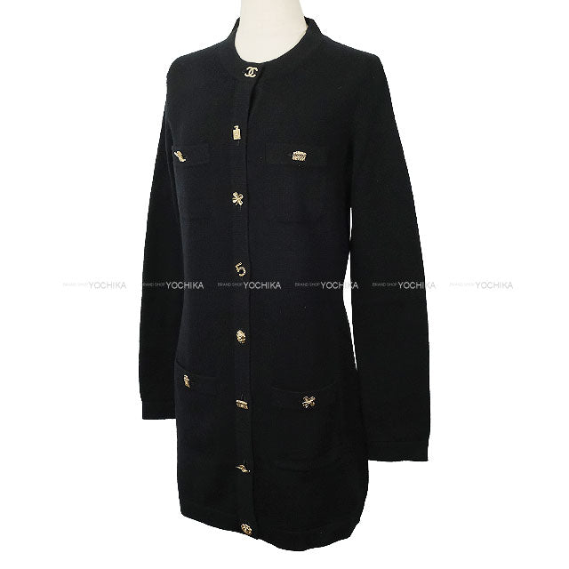 2022 CHANEL Cardigan Long Icon COCO Button Noir (Black) Cashmere #38 Gold HW P73485[EXCELLENT][Authentic]