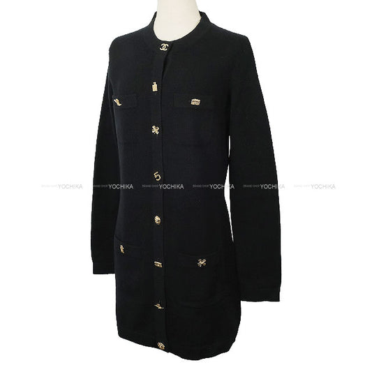 2022 CHANEL Cardigan Long Icon COCO Button Noir (Black) Cashmere #38 Gold HW P73485[EXCELLENT][Authentic]