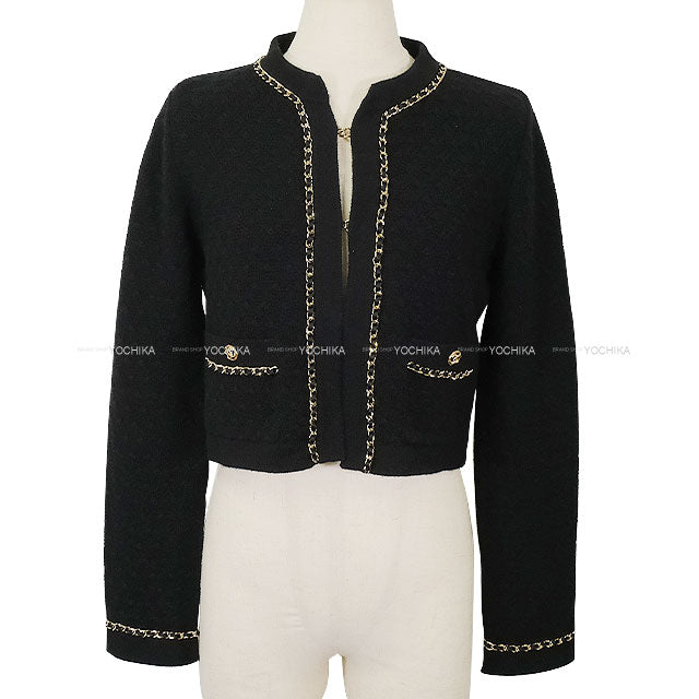 2023AW CHANEL Cardigan Short COCO Logo No-Collar Chain Noir (Black) Cashmere #34 Gold HW P75724[EXCELLENT][Authentic]