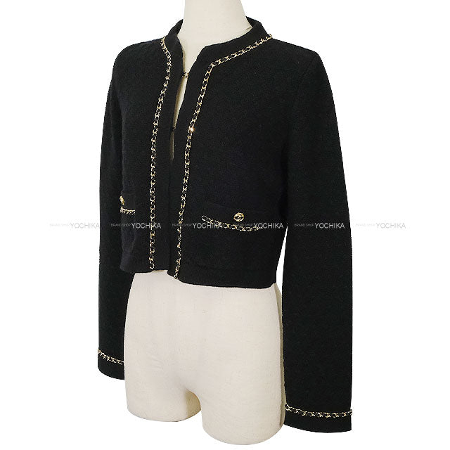 2023AW CHANEL Cardigan Short COCO Logo No-Collar Chain Noir (Black) Cashmere #34 Gold HW P75724[EXCELLENT][Authentic]