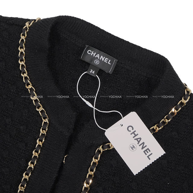 2023AW CHANEL Cardigan Short COCO Logo No-Collar Chain Noir (Black) Cashmere #34 Gold HW P75724[EXCELLENT][Authentic]