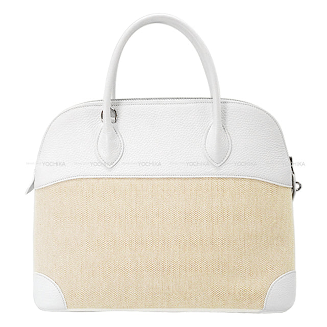 [Pre-loved] HERMES Shoulder bag Bolide35(37) Blanc (White) Toile H/Taurillon Clemence Silver HW Stamp □I[LIKE NEW][Authentic]