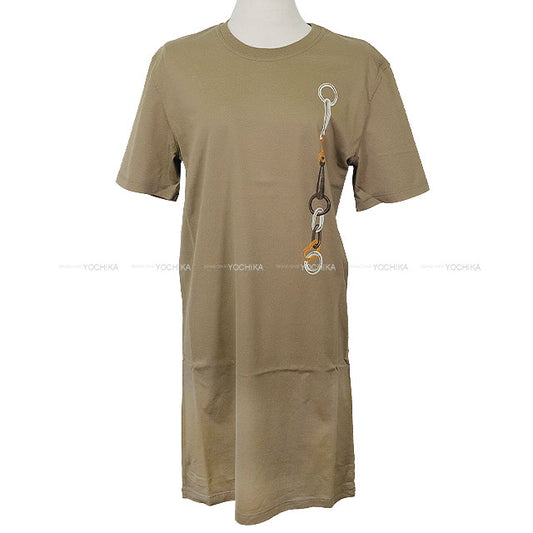 [Pre-loved] HERMES Short sleeve t shirt Ladies Dress Cartouche Kaki Cotton100% #36[USED SA][Authentic]