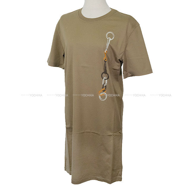 [Pre-loved] HERMES Short sleeve t shirt Ladies Dress Cartouche Kaki Cotton100% #36[USED SA][Authentic]