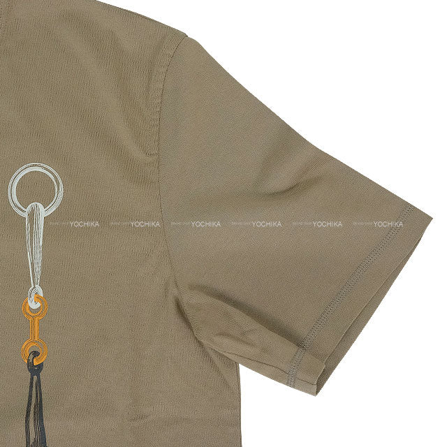 [Pre-loved] HERMES Short sleeve t shirt Ladies Dress Cartouche Kaki Cotton100% #36[USED SA][Authentic]