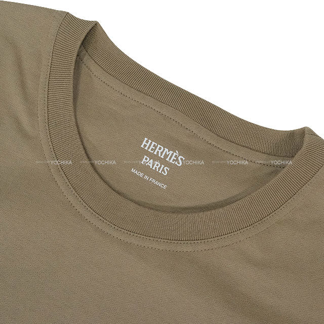 [Pre-loved] HERMES Short sleeve t shirt Ladies Dress Cartouche Kaki Cotton100% #36[USED SA][Authentic]
