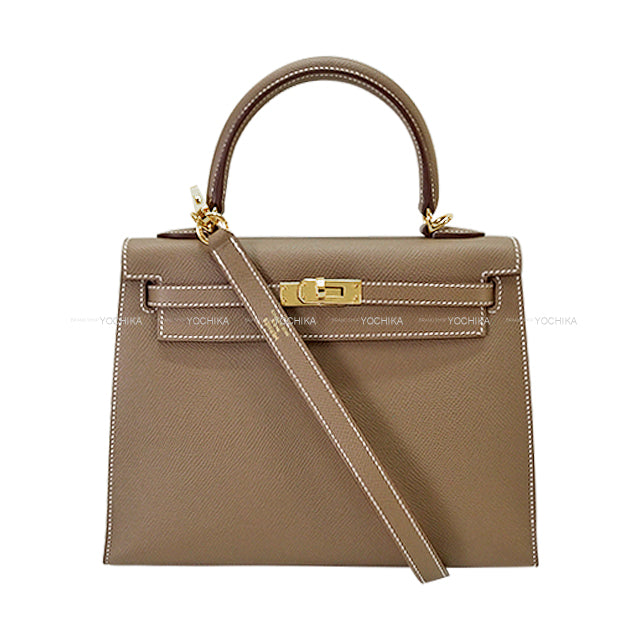 HERMES Shoulder bag Kelly25 Sellier Etoupe Veau Epsom Gold HW Stamp K[EXCELLENT][Authentic]