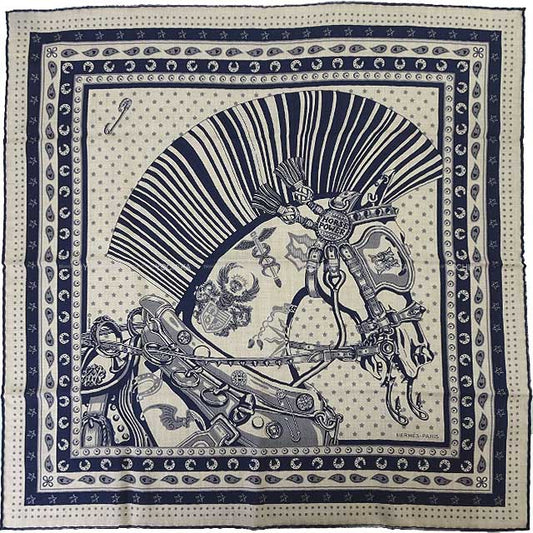 HERMES scarf Carre H65 Cheval Punkb Bandana Natural/Marine/Gris Cashmere70% / Silk30%[BRAND NEW][Authentic]