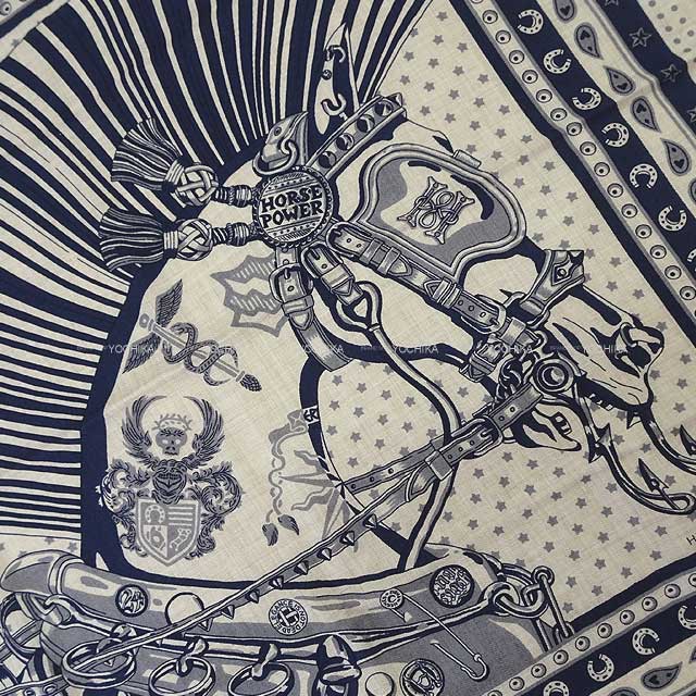 HERMES scarf Carre H65 Cheval Punkb Bandana Natural/Marine/Gris Cashmere70% / Silk30%[BRAND NEW][Authentic]