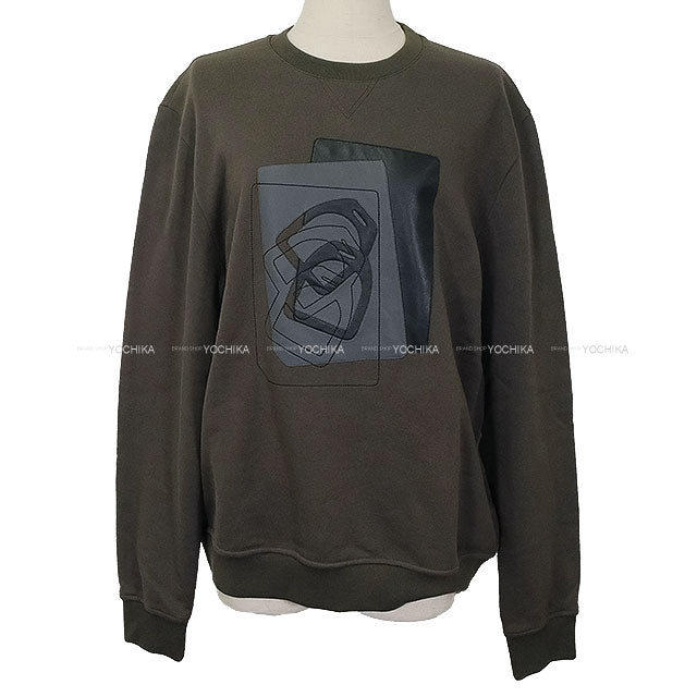 [Pre-loved] 2024AW HERMES Sweat Men's Wool Lining Long Sleeve Leather Patch Etriers Decales Grey Cotton/Lambskin #M[LIKE NEW][Authentic]