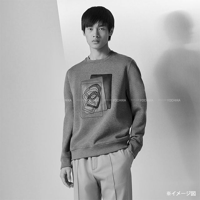 [Pre-loved] 2024AW HERMES Sweat Men's Wool Lining Long Sleeve Leather Patch Etriers Decales Grey Cotton/Lambskin #M[LIKE NEW][Authentic]