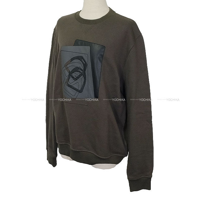 [Pre-loved] 2024AW HERMES Sweat Men's Wool Lining Long Sleeve Leather Patch Etriers Decales Grey Cotton/Lambskin #M[LIKE NEW][Authentic]