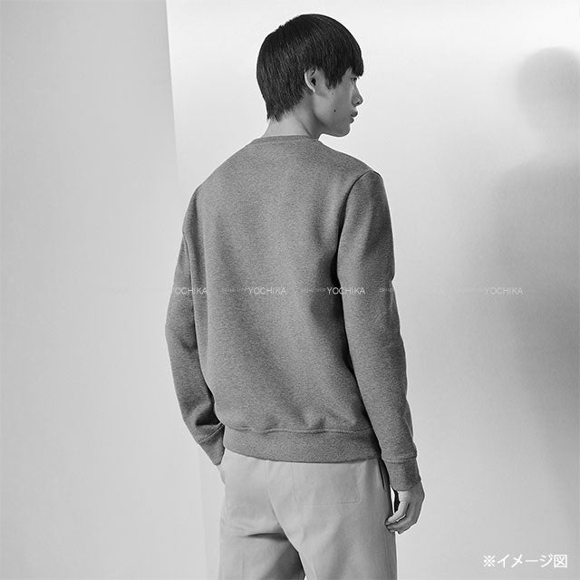 [Pre-loved] 2024AW HERMES Sweat Men's Wool Lining Long Sleeve Leather Patch Etriers Decales Grey Cotton/Lambskin #M[LIKE NEW][Authentic]
