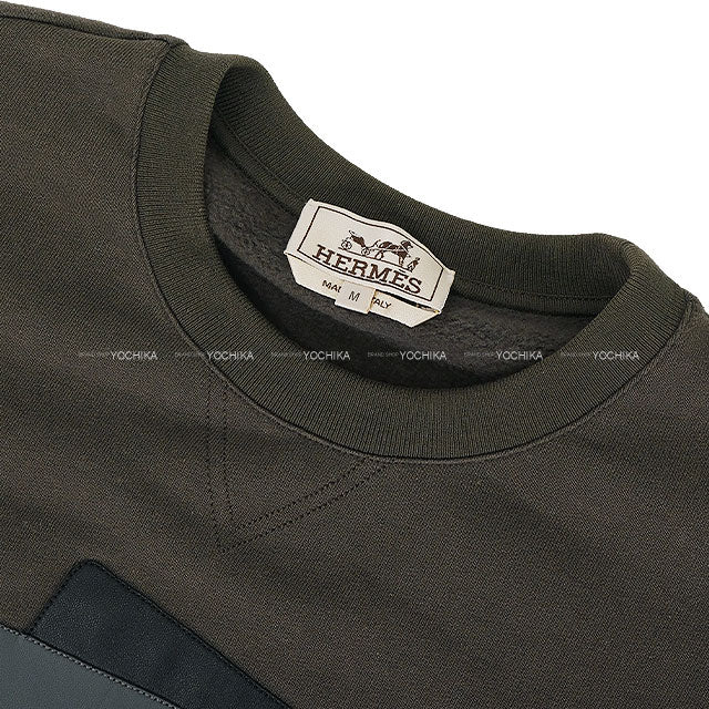 [Pre-loved] 2024AW HERMES Sweat Men's Wool Lining Long Sleeve Leather Patch Etriers Decales Grey Cotton/Lambskin #M[LIKE NEW][Authentic]