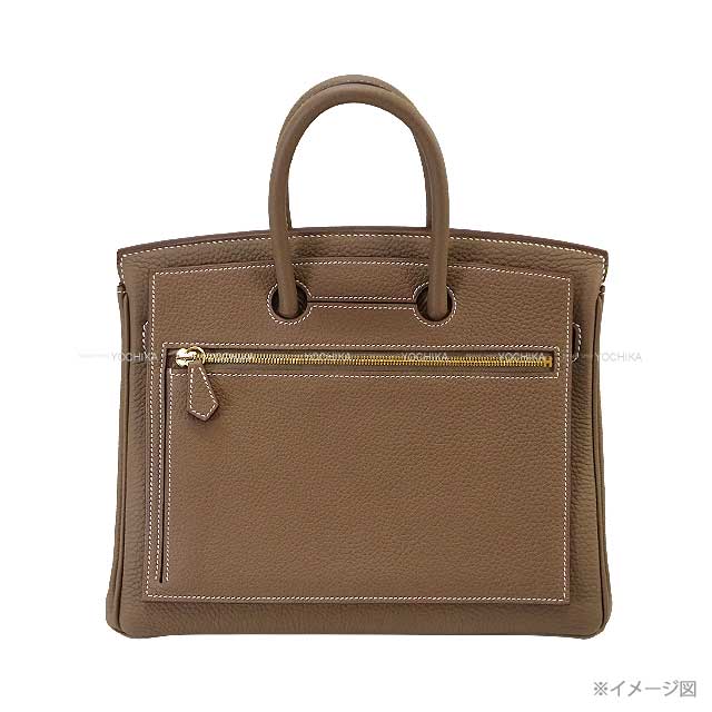 HERMES Pouch Bag Pocket Poach 25 Etoupe Veau Togo Gold HW Stamp Z[EXCELLENT][Authentic]