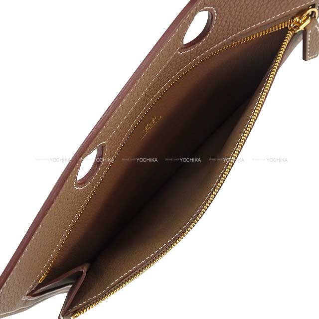 HERMES Pouch Bag Pocket Poach 25 Etoupe Veau Togo Gold HW Stamp Z[EXCELLENT][Authentic]