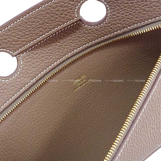 HERMES Pouch Bag Pocket Poach 25 Etoupe Veau Togo Gold HW Stamp Z[EXCELLENT][Authentic]