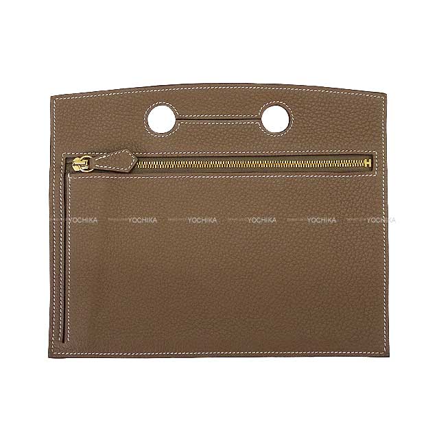 HERMES Pouch Bag Pocket Poach 25 Etoupe Veau Togo Gold HW Stamp Z[EXCELLENT][Authentic]