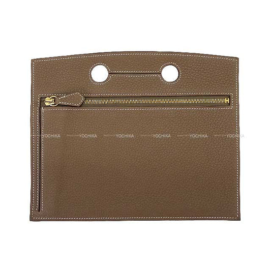 HERMES Pouch Bag Pocket Poach 25 Etoupe Veau Togo Gold HW Stamp Z[EXCELLENT][Authentic]