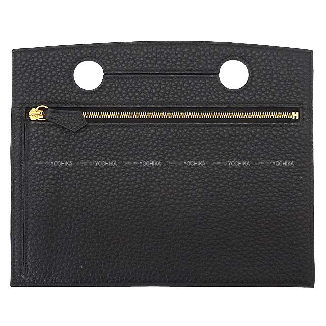 HERMES Pouch Bag Pocket Poach 30 Noir (Black) Veau Togo Gold HW Stamp Z[EXCELLENT][Authentic]
