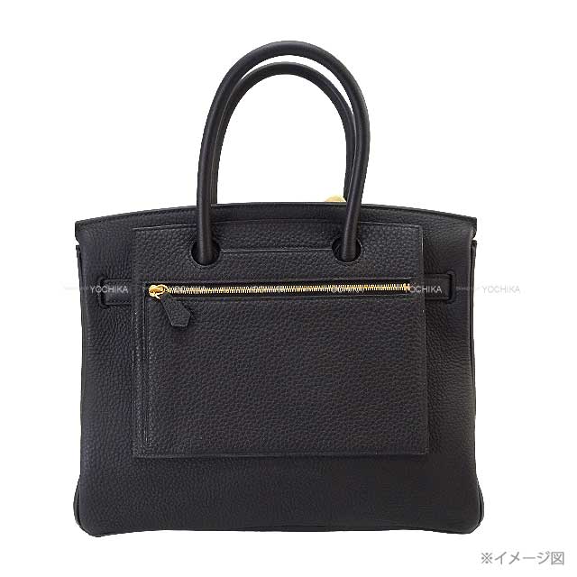 HERMES Pouch Bag Pocket Poach 30 Noir (Black) Veau Togo Gold HW Stamp Z[EXCELLENT][Authentic]
