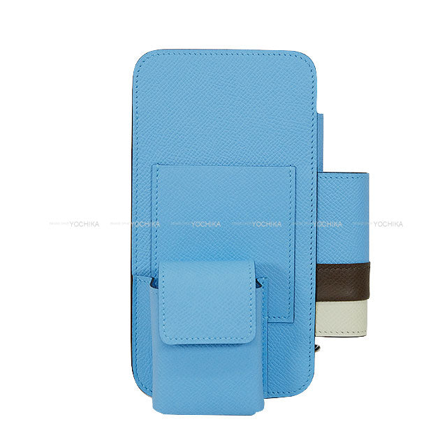 HERMES Carrying case Smartphone Case HERMES way with lipstick case Celeste/Blanc (White)/Chocolat Veau Epsom Silver HW Stamp B[EXCELLENT][Authentic]