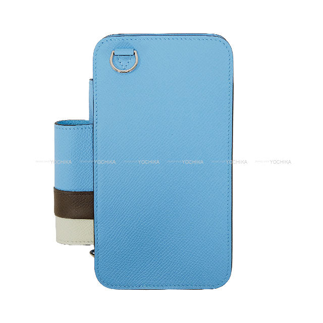 HERMES Carrying case Smartphone Case HERMES way with lipstick case Celeste/Blanc (White)/Chocolat Veau Epsom Silver HW Stamp B[EXCELLENT][Authentic]